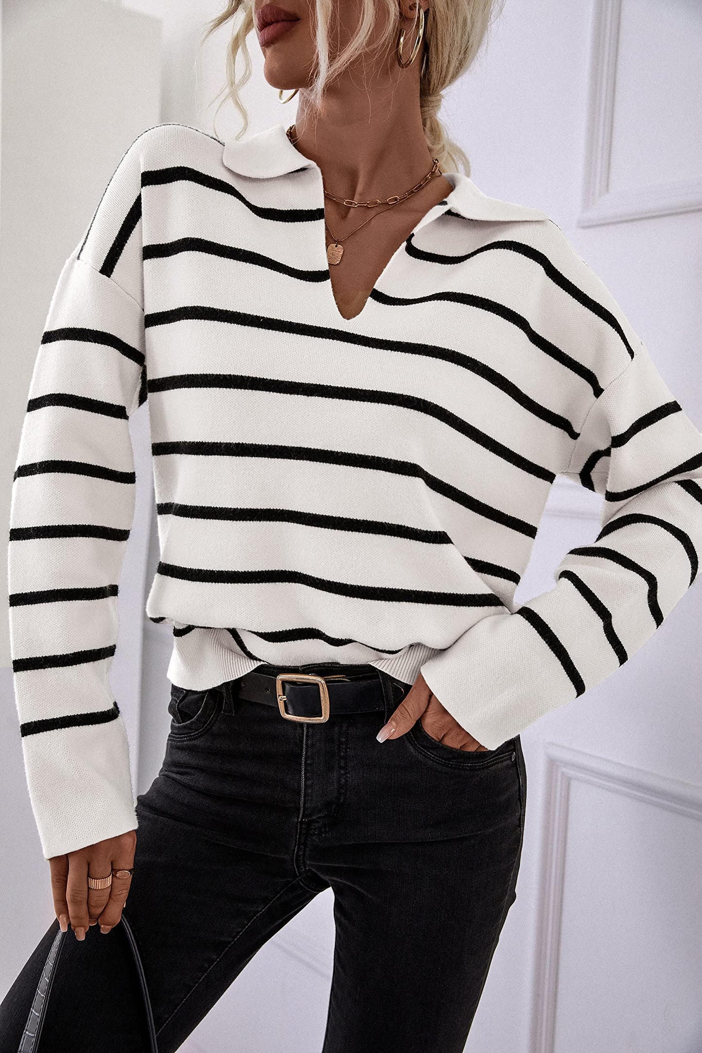 Women's 2024 Fall Winter Casual Breton Striped Long Sleeve Polo V Neck LightweightPullover Sweater Loose Fit Drop Shoulder Knitted Shirts Tops(Medium,Beige White)