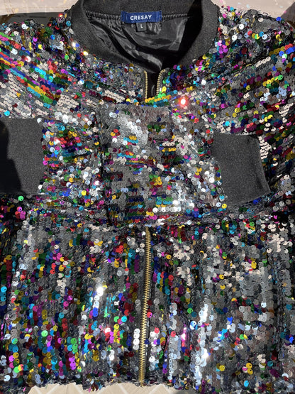 Women's Sequin Fitted Long Sleeve Zipper Blazer Bomber Jacket-rainbow M